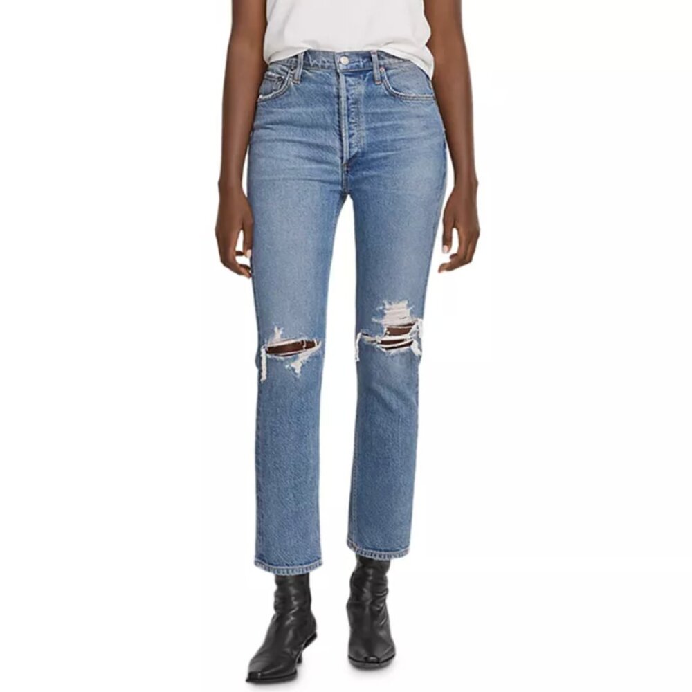 AGOLDE Riley High Rise Straight Crop Button Fly Jeans Whiplash Mid Wash EUC - 30